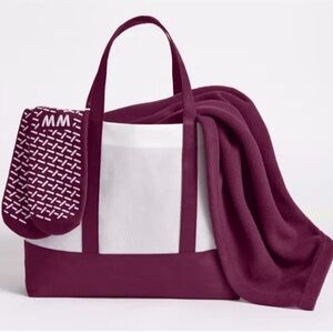 Canvas Tote Bag With Matching Throw - White & Claret (Burgundy) NWT
